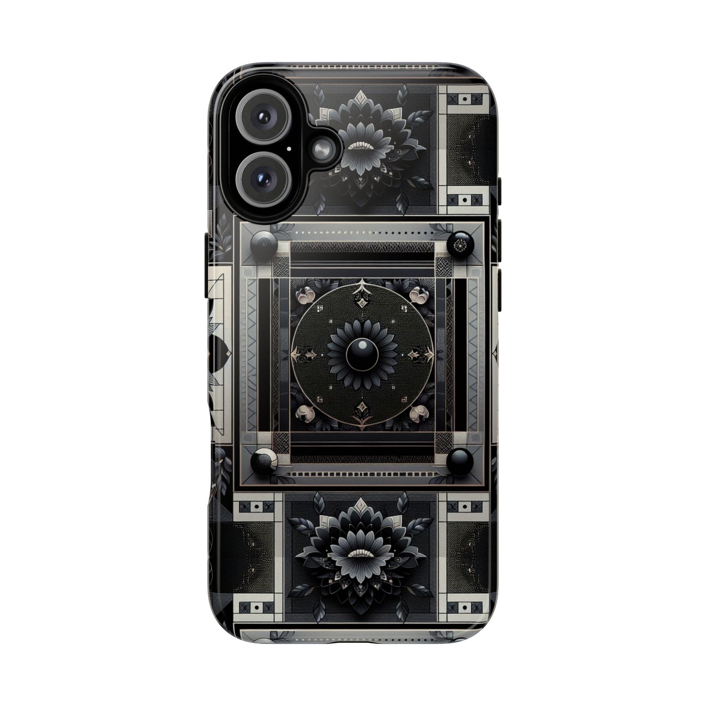 pattern image 4 vibrant shockproof phone case for anime and comic fans, geometric black and silver design, durable protective cover compatible with iphone 13, 14, 15 & 16 – all models including pro, pro max & plus