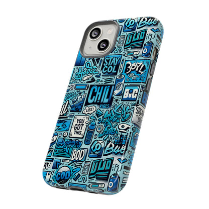 Vibrant Retro Graffiti Phone Case in Blue for Men and Women Stylish Protection Accessory Compatible with iPhone 13, 14, 15 & 16 – all models including Pro, Pro Max & Plus