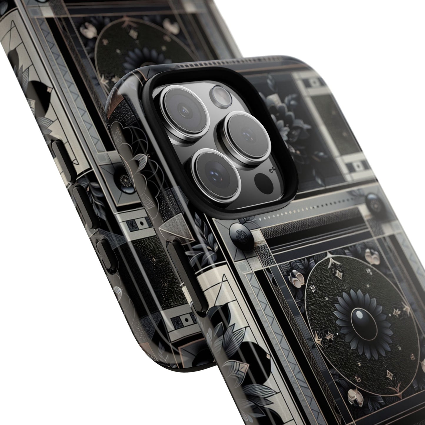 pattern image 4 vibrant shockproof phone case for anime and comic fans, geometric black and silver design, durable protective cover compatible with iphone 13, 14, 15 & 16 – all models including pro, pro max & plus