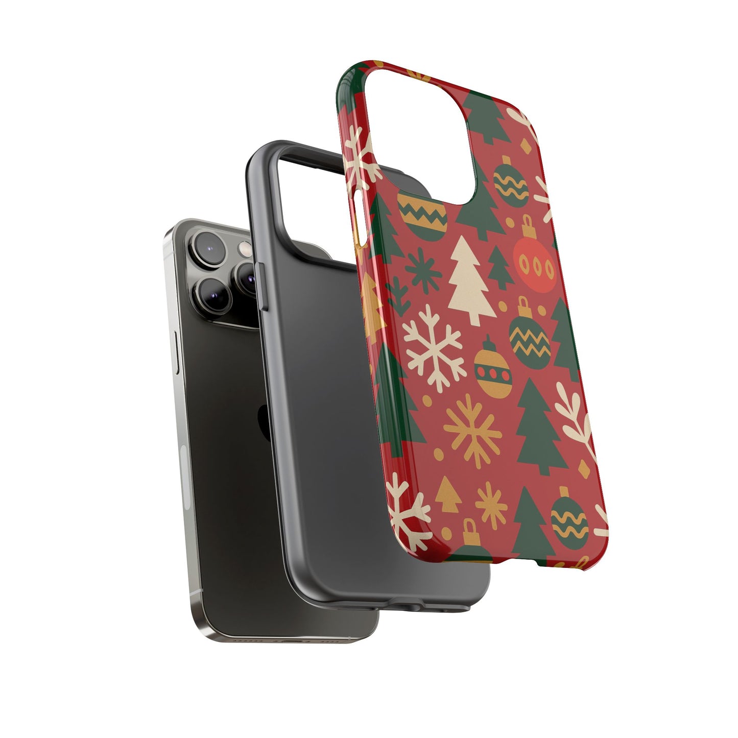 vibrant red 3d wrap protective phone case with christmas tree and ornament design for stylish protection compatible with iphone 13, 14, 15 & 16 – all models including pro, pro max & plus