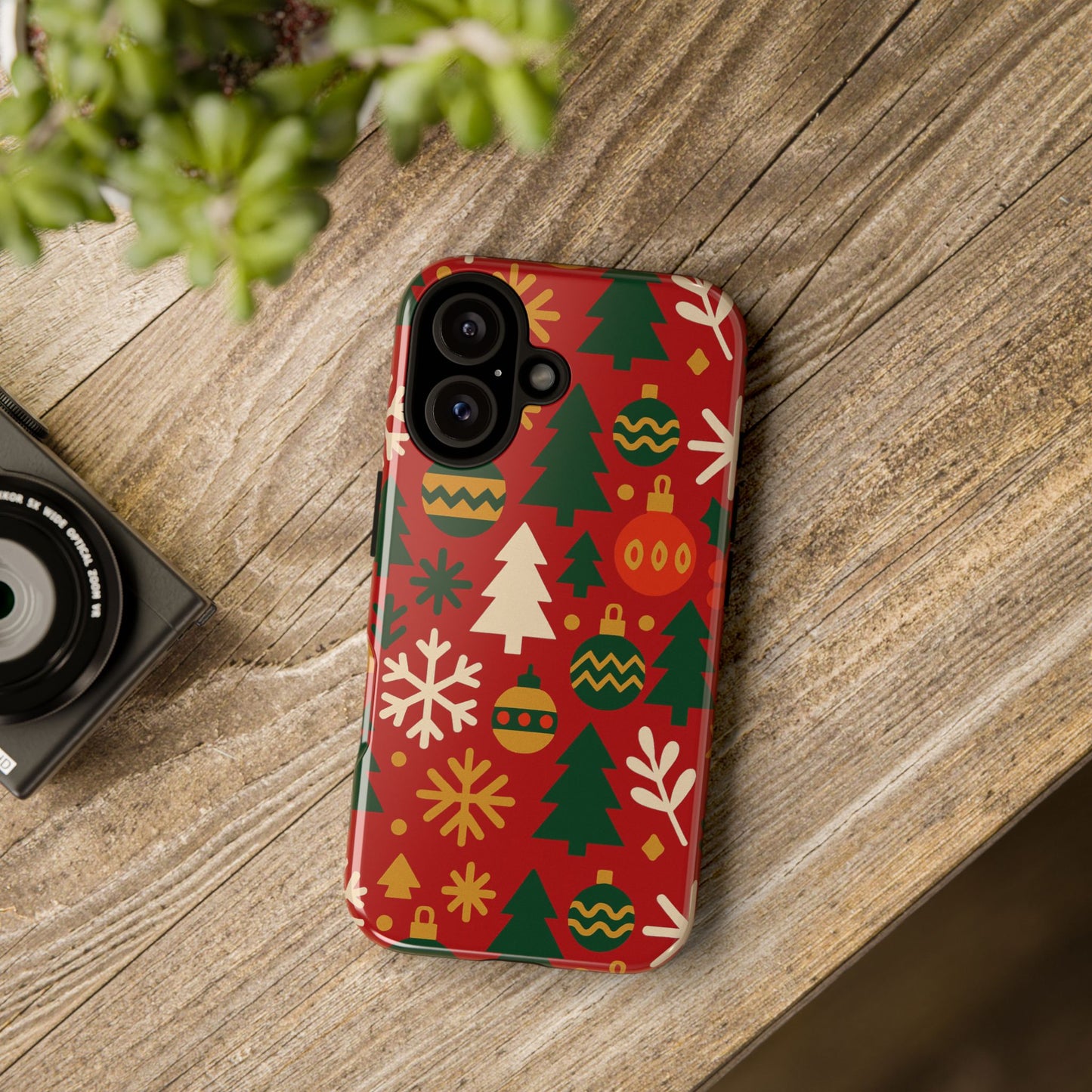vibrant red 3d wrap protective phone case with christmas tree and ornament design for stylish protection compatible with iphone 13, 14, 15 & 16 – all models including pro, pro max & plus
