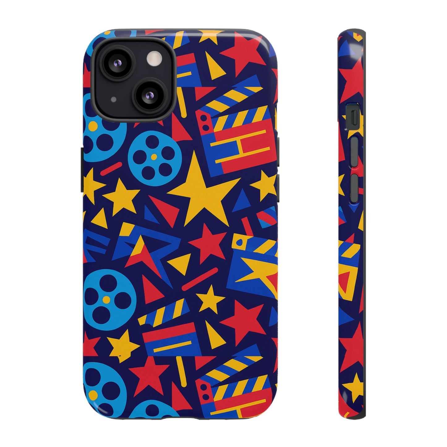 vibrant movie theme protective phone case with 3d wrap design – colourful stars and film reels – stylish protection compatible with iphone 13, 14, 15 & 16 – all models including pro, pro max & plus