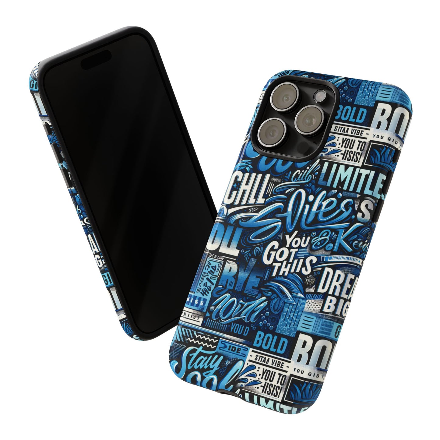 vibrant protective phone case with playful typography design in blue – stylish self-expression accessory compatible with iphone 13, 14, 15 & 16 – all models including pro, pro max & plus