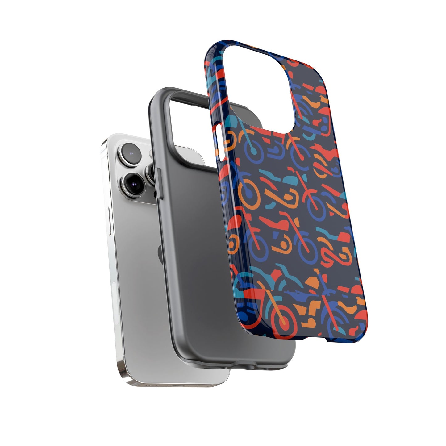 vibrant 3d multicolour motorcycle pattern protective phone case for creative individuals – stylish protection compatible with iphone 13, 14, 15 & 16 – all models including pro, pro max & plus