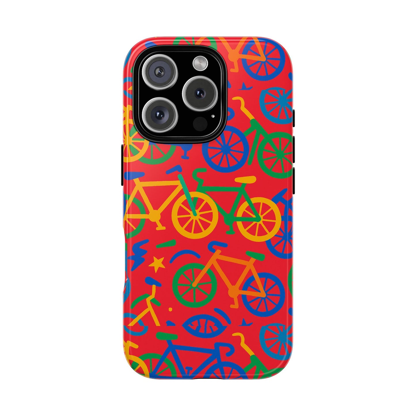 vibrant 3d bicycle pattern protective phone case in colourful retro design for stylish protection compatible with iphone 13, 14, 15 & 16 – all models including pro, pro max & plus