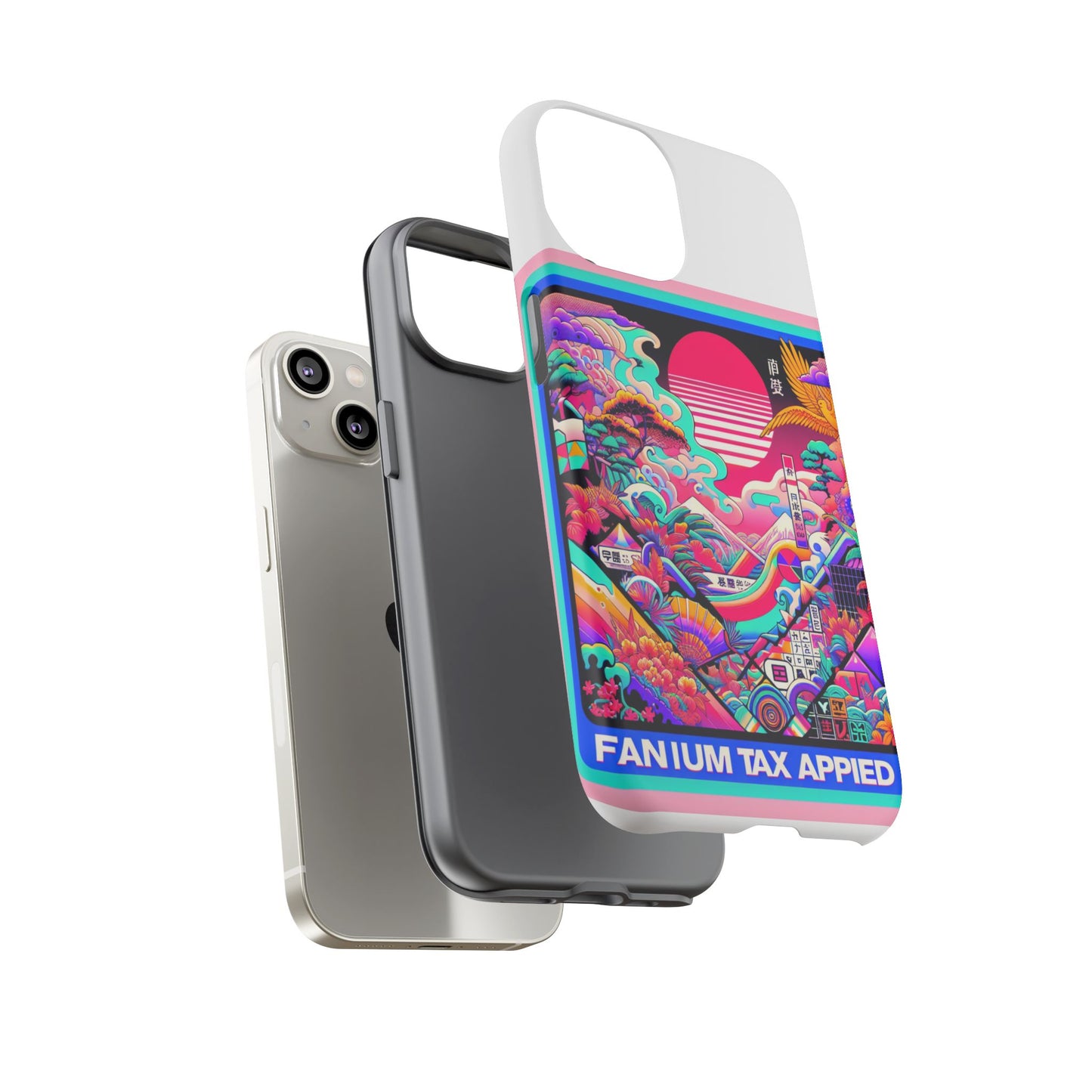 fanum tax applied protective phone case, 3d wrap design, durable silicone liner, uv protected, shock absorbing, fun anime and comic style, ideal gift for tech enthusiasts