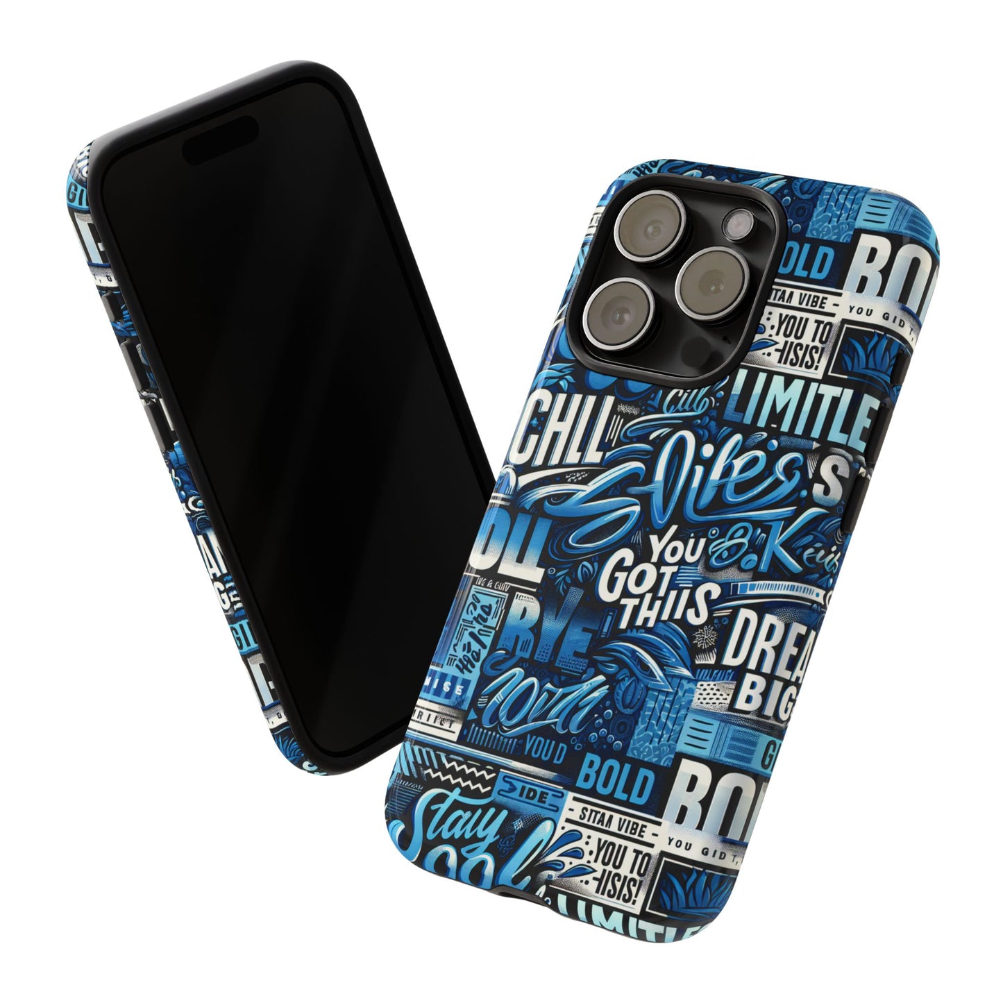 vibrant protective phone case with playful typography design in blue – stylish self-expression accessory compatible with iphone 13, 14, 15 & 16 – all models including pro, pro max & plus
