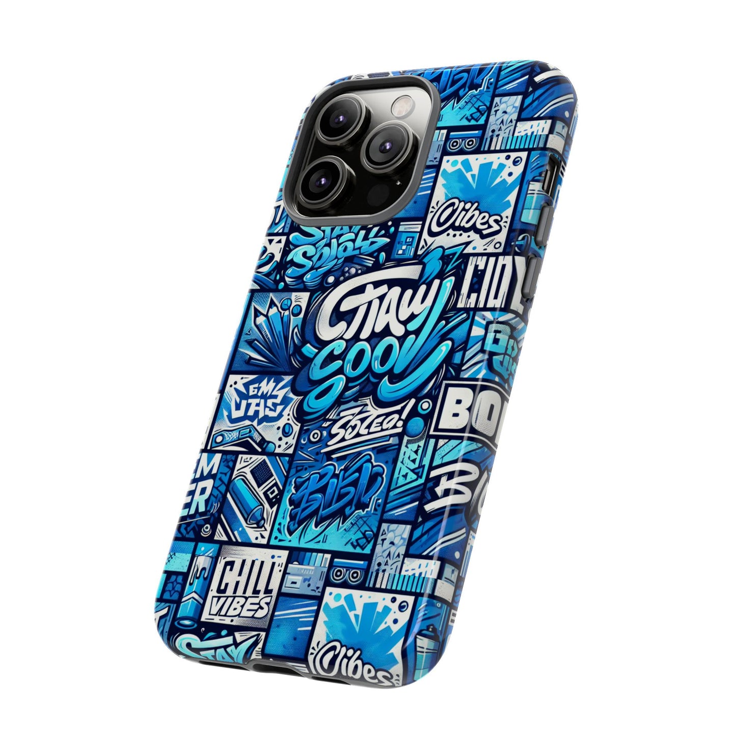 vibrant 3d graphic phone case in blue with playful design for stylish protection compatible with iphone 13, 14, 15 & 16 – all models including pro, pro max & plus