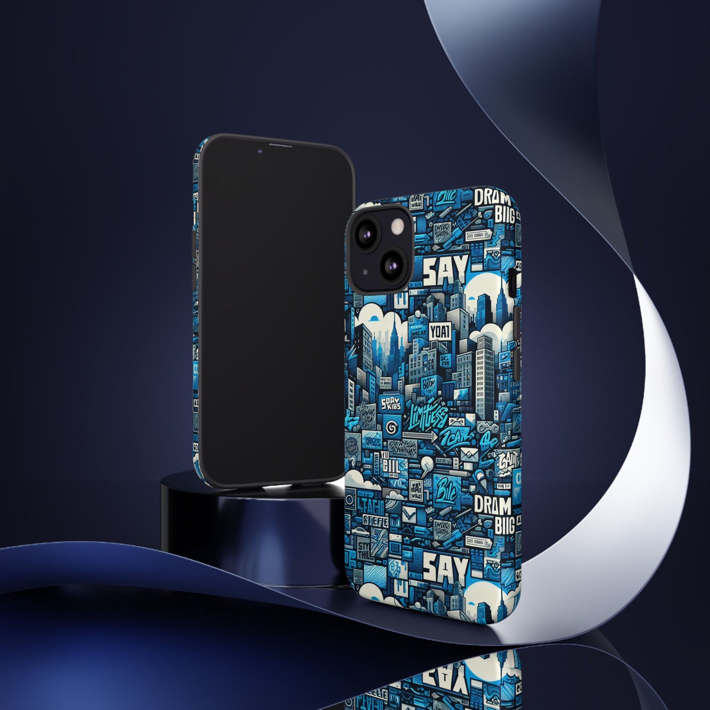 protective phone case with 3d urban design in blue for stylish protection – trendy accessory compatible with iphone 13, 14, 15 & 16 – all models including pro, pro max & plus