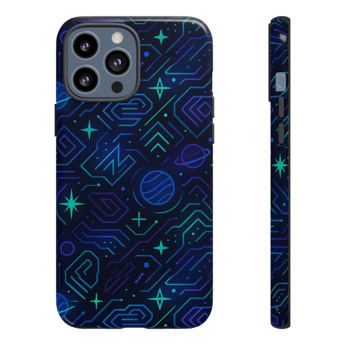 vibrant space design protective phone case in blue and green 3d wrap for stylish protection compatible with iphone 13, 14, 15 & 16 – all models including pro, pro max & plus