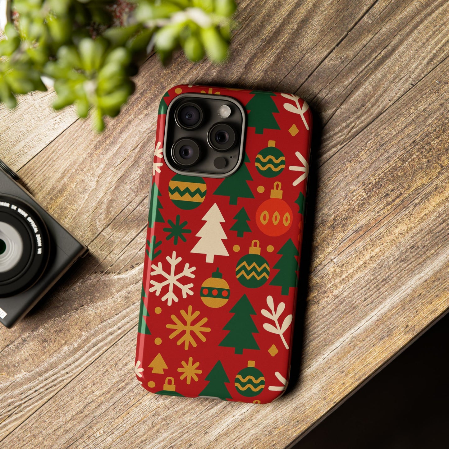 vibrant red 3d wrap protective phone case with christmas tree and ornament design for stylish protection compatible with iphone 13, 14, 15 & 16 – all models including pro, pro max & plus