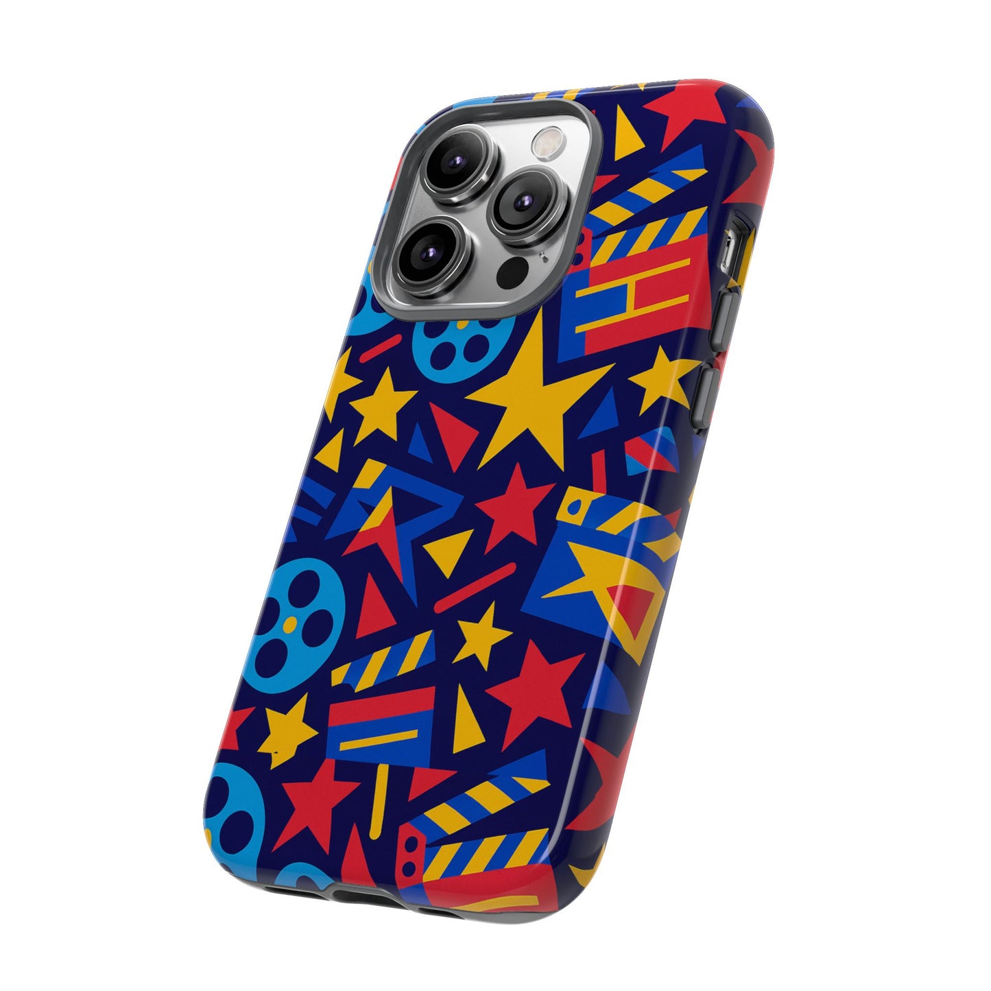vibrant movie theme protective phone case with 3d wrap design – colourful stars and film reels – stylish protection compatible with iphone 13, 14, 15 & 16 – all models including pro, pro max & plus