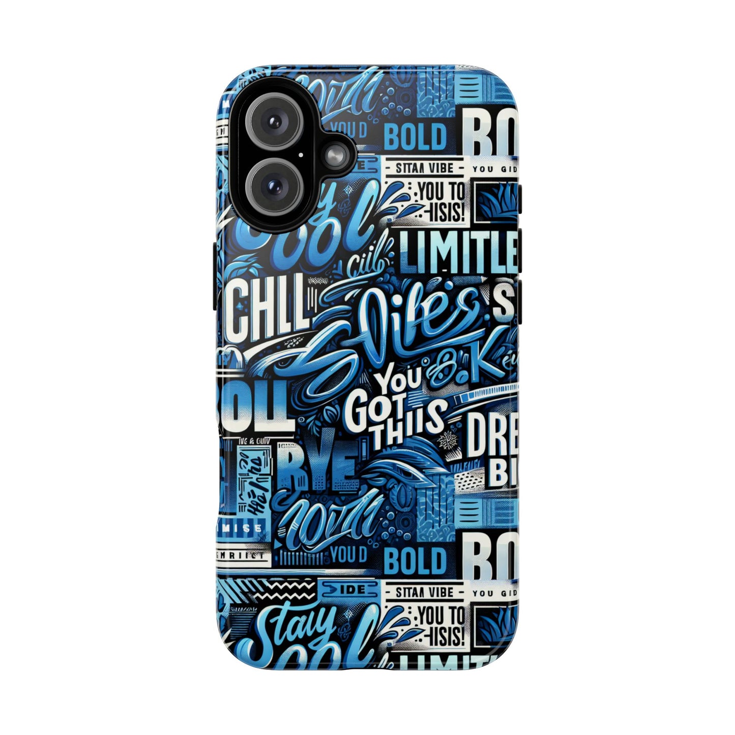vibrant protective phone case with playful typography design in blue – stylish self-expression accessory compatible with iphone 13, 14, 15 & 16 – all models including pro, pro max & plus