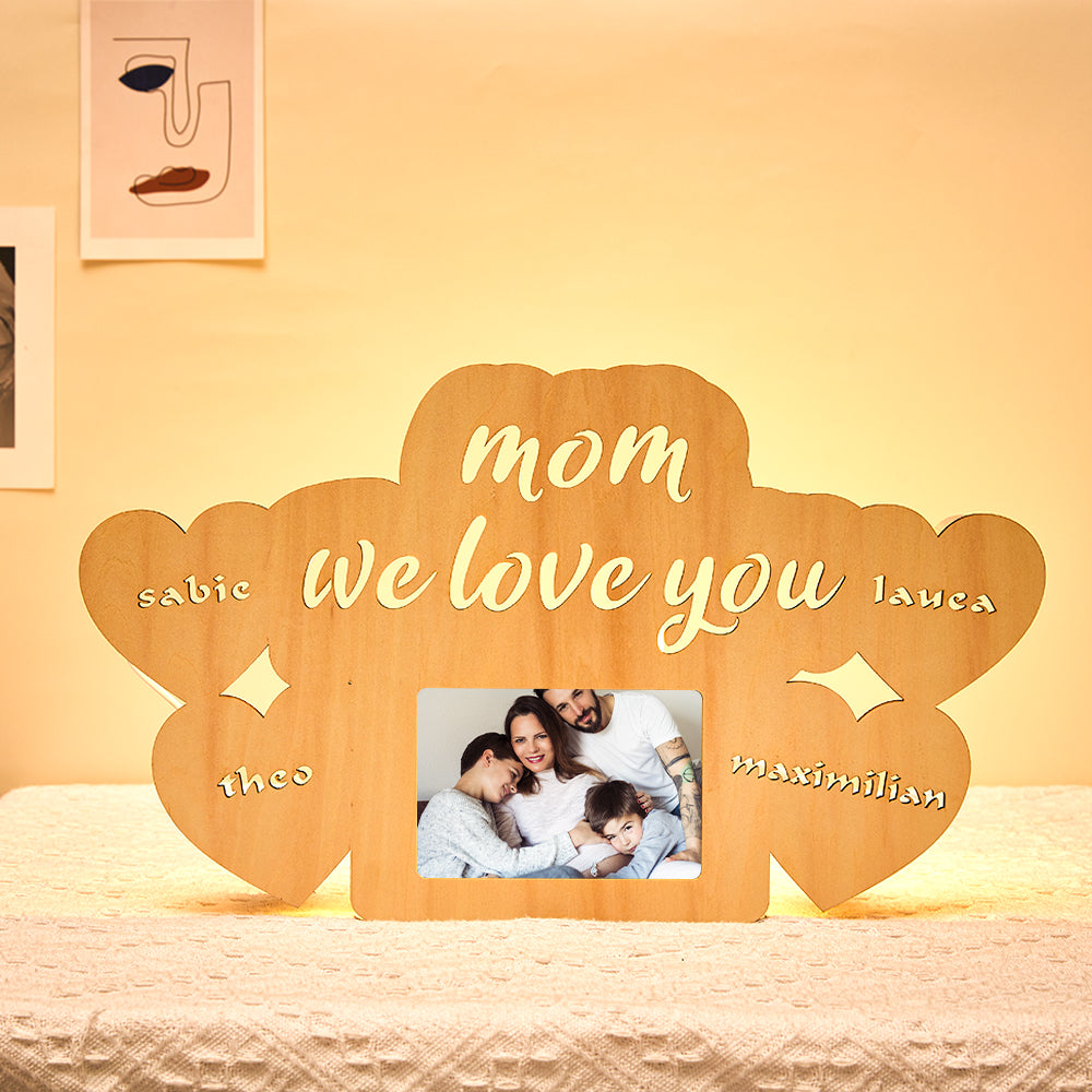 custom engraved name night lamp photo frame night light for mom, wooden plywood frame with usb port, ideal gift for mother's day, family portrait decor