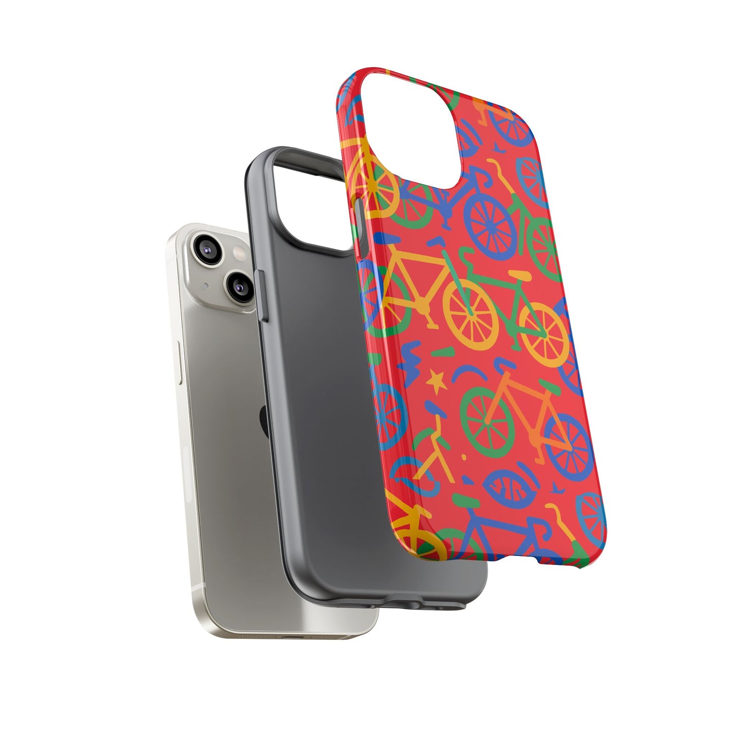 vibrant 3d bicycle pattern protective phone case in colourful retro design for stylish protection compatible with iphone 13, 14, 15 & 16 – all models including pro, pro max & plus