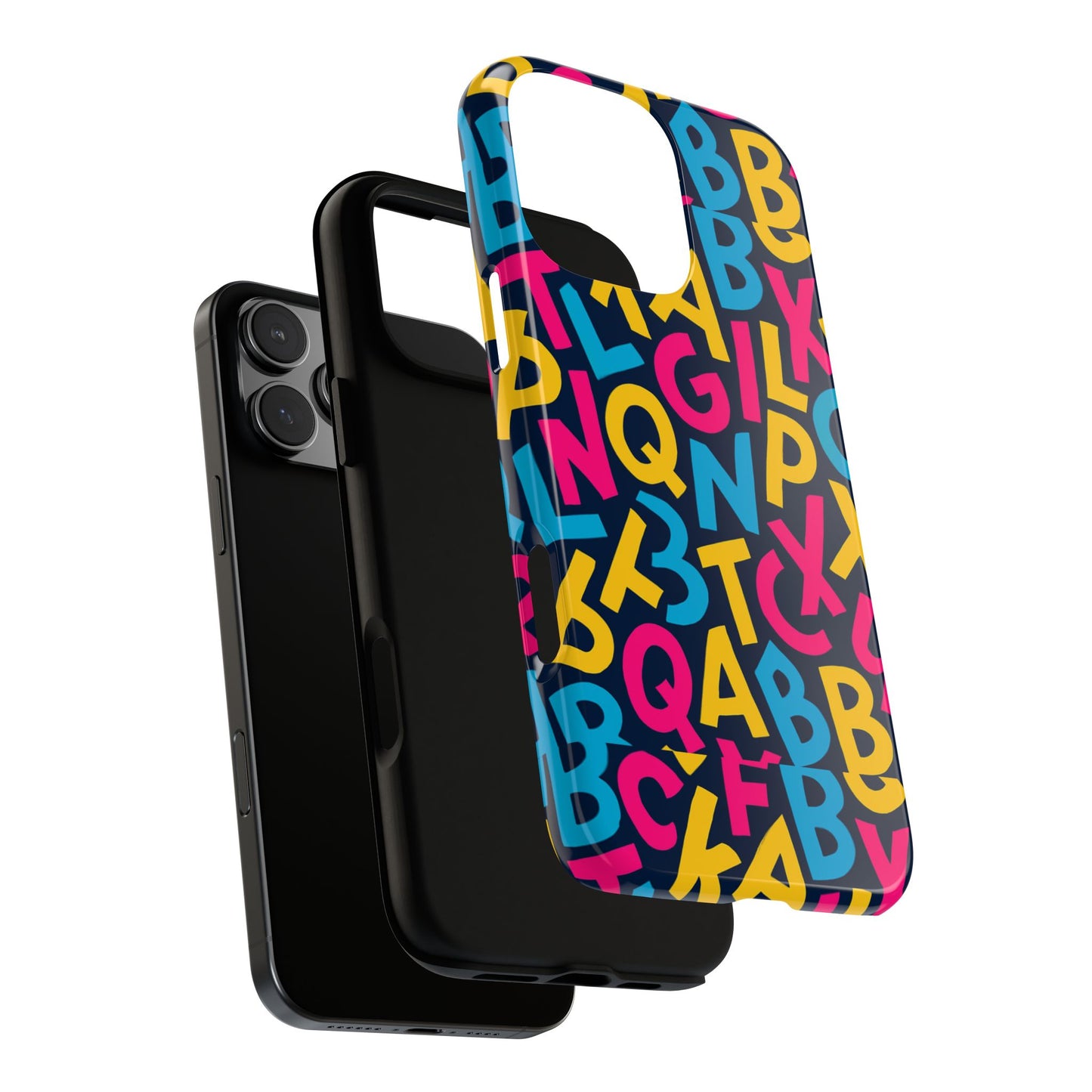 multicolour 3d wrap phone case with playful alphabet design – stylish protection for smartphones compatible with iphone 13, 14, 15 & 16 – all models including pro, pro max & plus