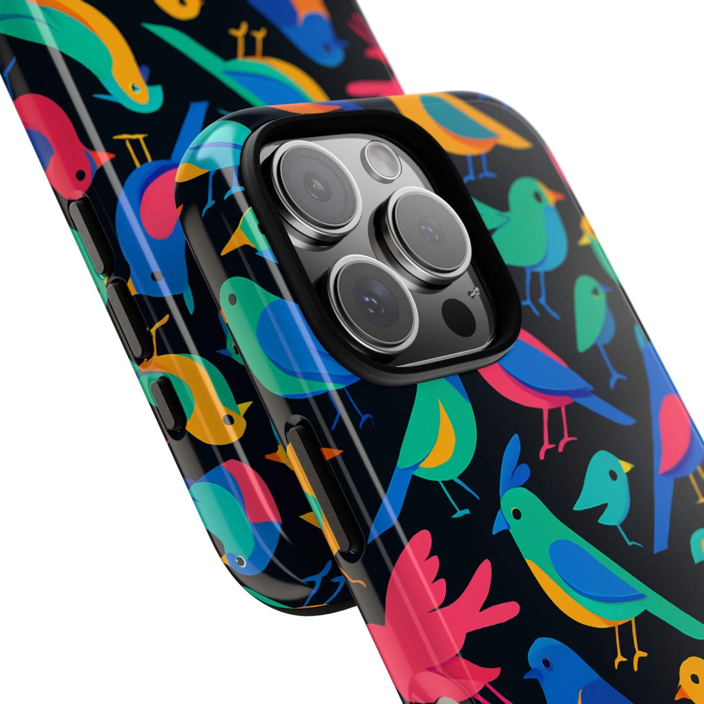 vibrant multicolour 3d bird print protective phone case for smart devices – unique accessory for trendsetters compatible with iphone 13, 14, 15 & 16 – all models including pro, pro max & plus