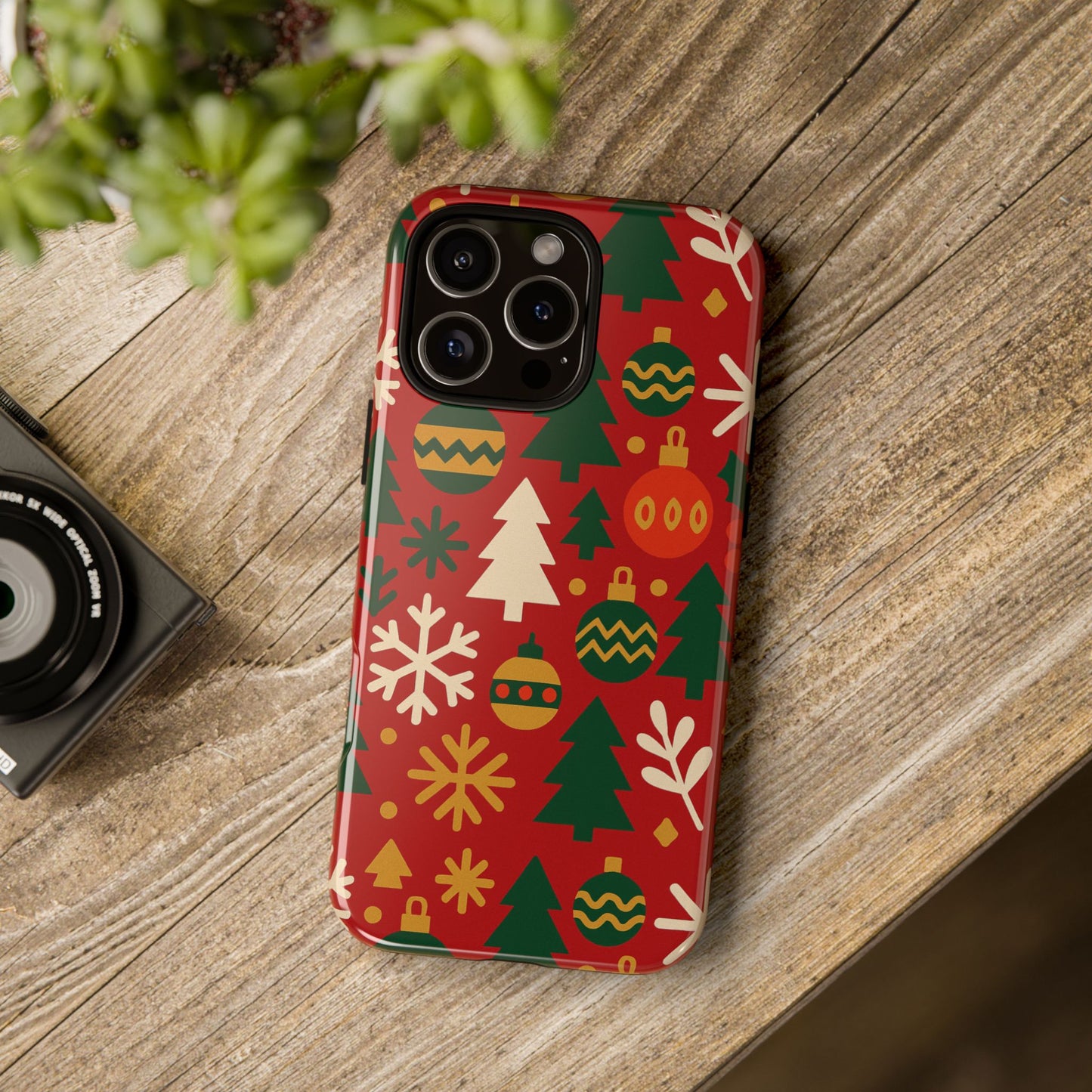 vibrant red 3d wrap protective phone case with christmas tree and ornament design for stylish protection compatible with iphone 13, 14, 15 & 16 – all models including pro, pro max & plus
