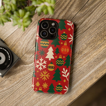 Vibrant Red 3D Wrap Protective Phone Case with Christmas Tree and Ornament Design for Stylish Protection Compatible with iPhone 13, 14, 15 & 16 – all models including Pro, Pro Max & Plus