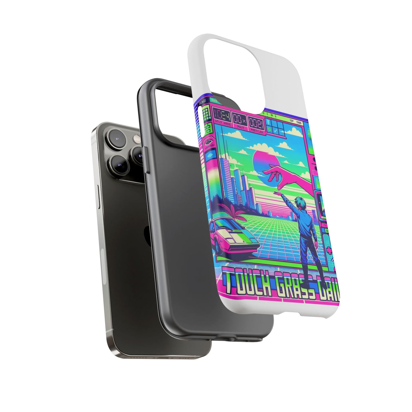 touch grass daily 3d wrap protective phone case for smartphones, durable shock absorption, uv protected, unique anime design, fun gift for tech enthusiasts