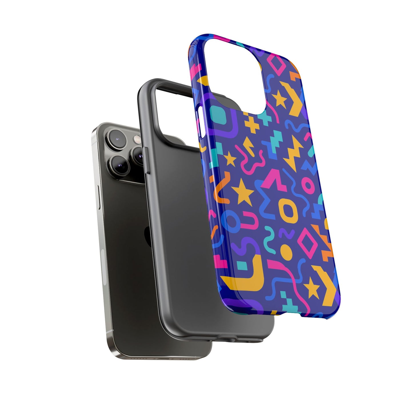 vibrant geometric protective phone case with 3d wrap design – playful accessory for self-expression compatible with iphone 13, 14, 15 & 16 – all models including pro, pro max & plus
