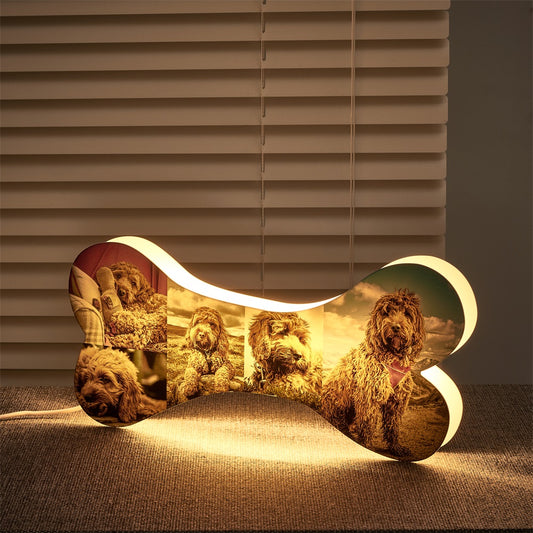 Personalized Bone Night Light with 5 Pictures - Acrylic LED Lamp for Home Decor, Bedside Table, Unique Gift for Pet Lovers and Kids