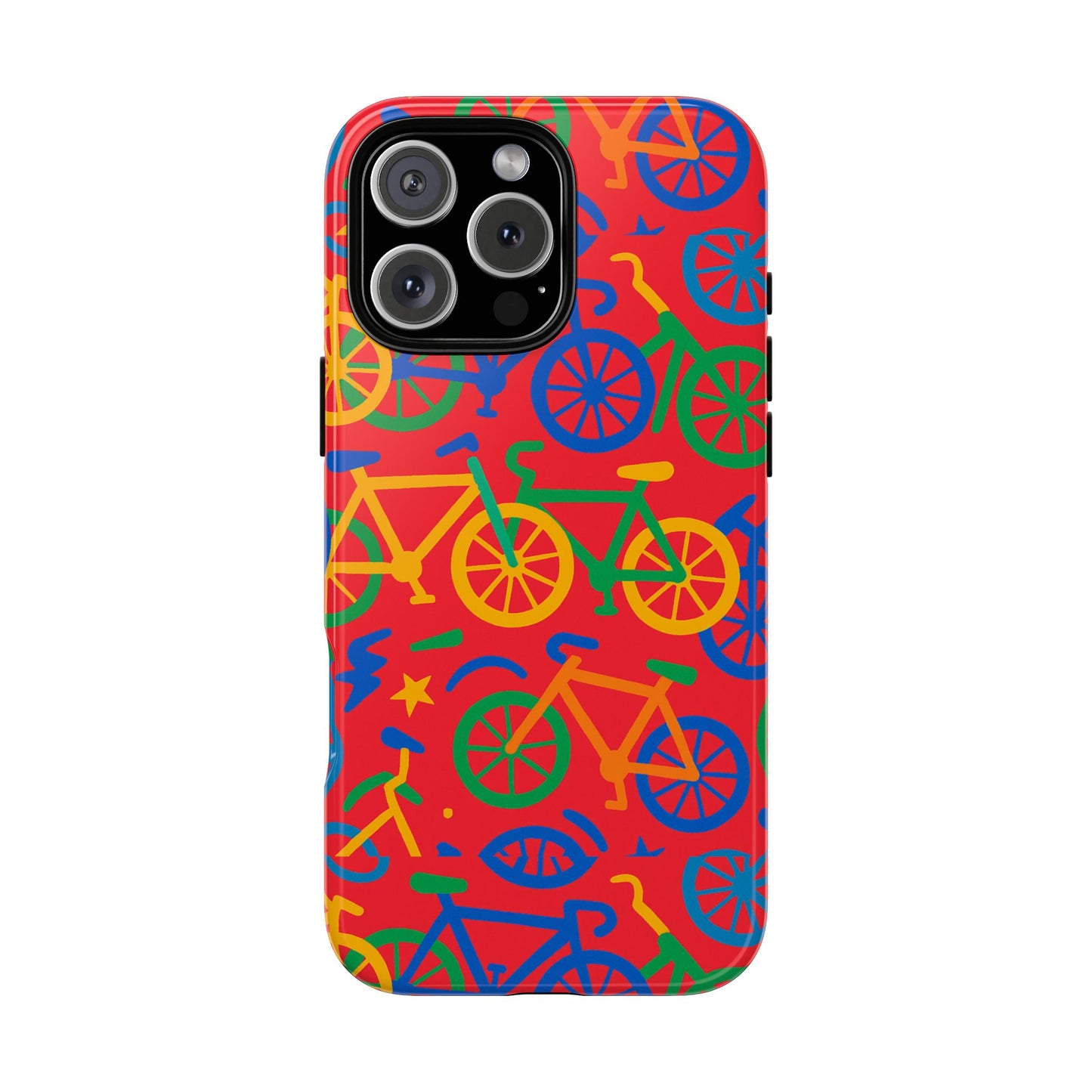 vibrant 3d bicycle pattern protective phone case in colourful retro design for stylish protection compatible with iphone 13, 14, 15 & 16 – all models including pro, pro max & plus