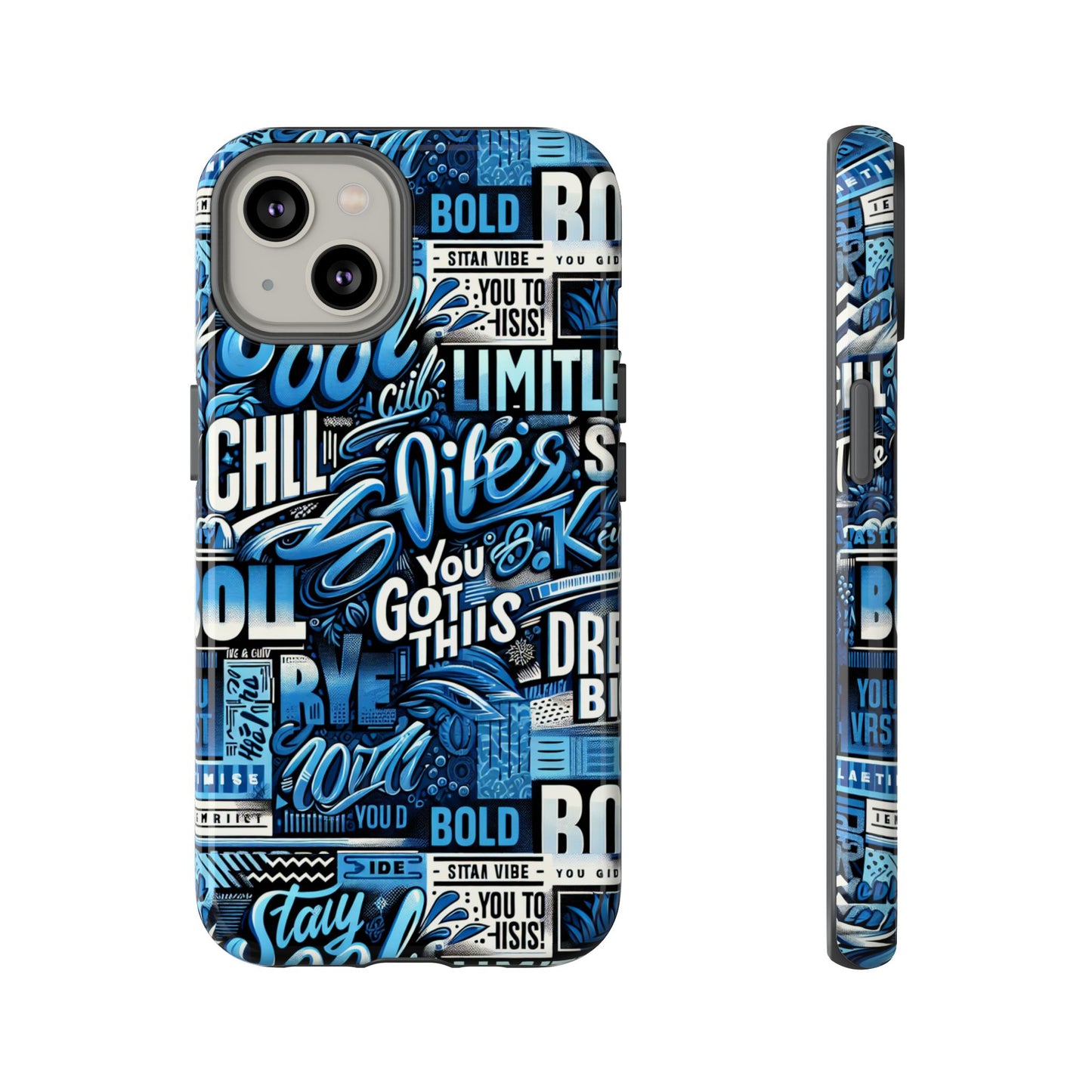 vibrant protective phone case with playful typography design in blue – stylish self-expression accessory compatible with iphone 13, 14, 15 & 16 – all models including pro, pro max & plus