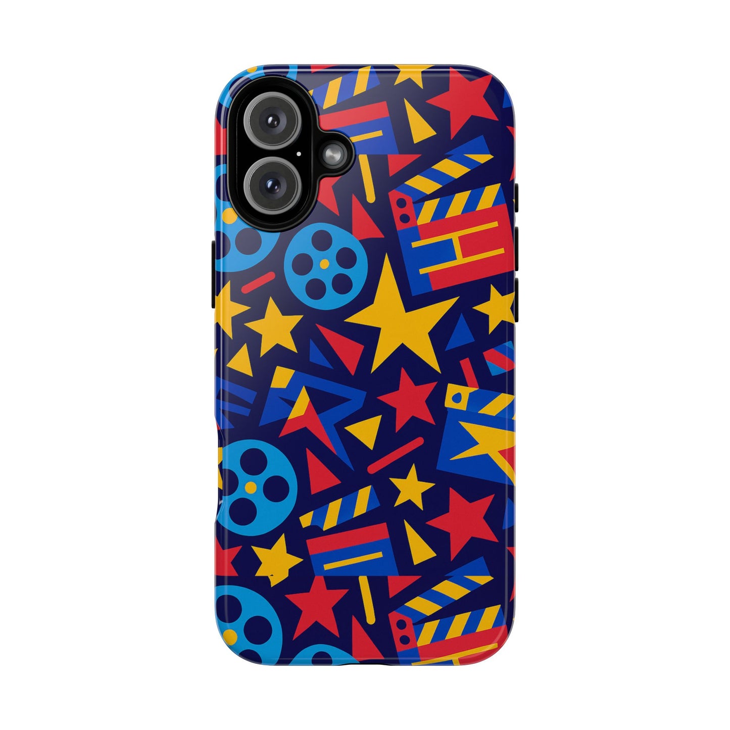 vibrant movie theme protective phone case with 3d wrap design – colourful stars and film reels – stylish protection compatible with iphone 13, 14, 15 & 16 – all models including pro, pro max & plus