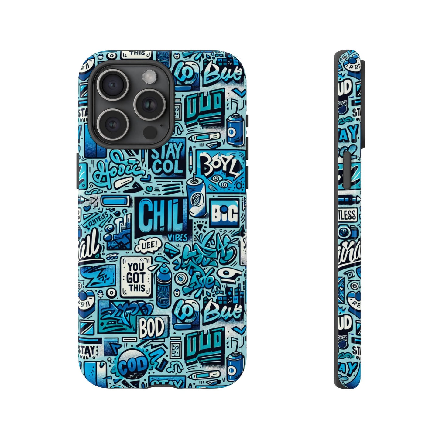 vibrant retro graffiti phone case in blue for men and women stylish protection accessory compatible with iphone 13, 14, 15 & 16 – all models including pro, pro max & plus