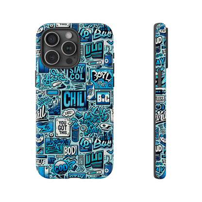 Vibrant Retro Graffiti Phone Case in Blue for Men and Women Stylish Protection Accessory Compatible with iPhone 13, 14, 15 & 16 – all models including Pro, Pro Max & Plus