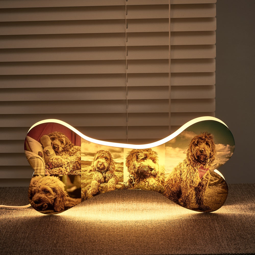 personalized bone night light with 5 pictures - acrylic led lamp for home decor, bedside table, unique gift for pet lovers and kids