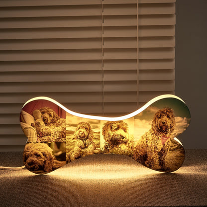Personalized Bone Night Light with 5 Pictures - Acrylic LED Lamp for Home Decor, Bedside Table, Unique Gift for Pet Lovers and Kids