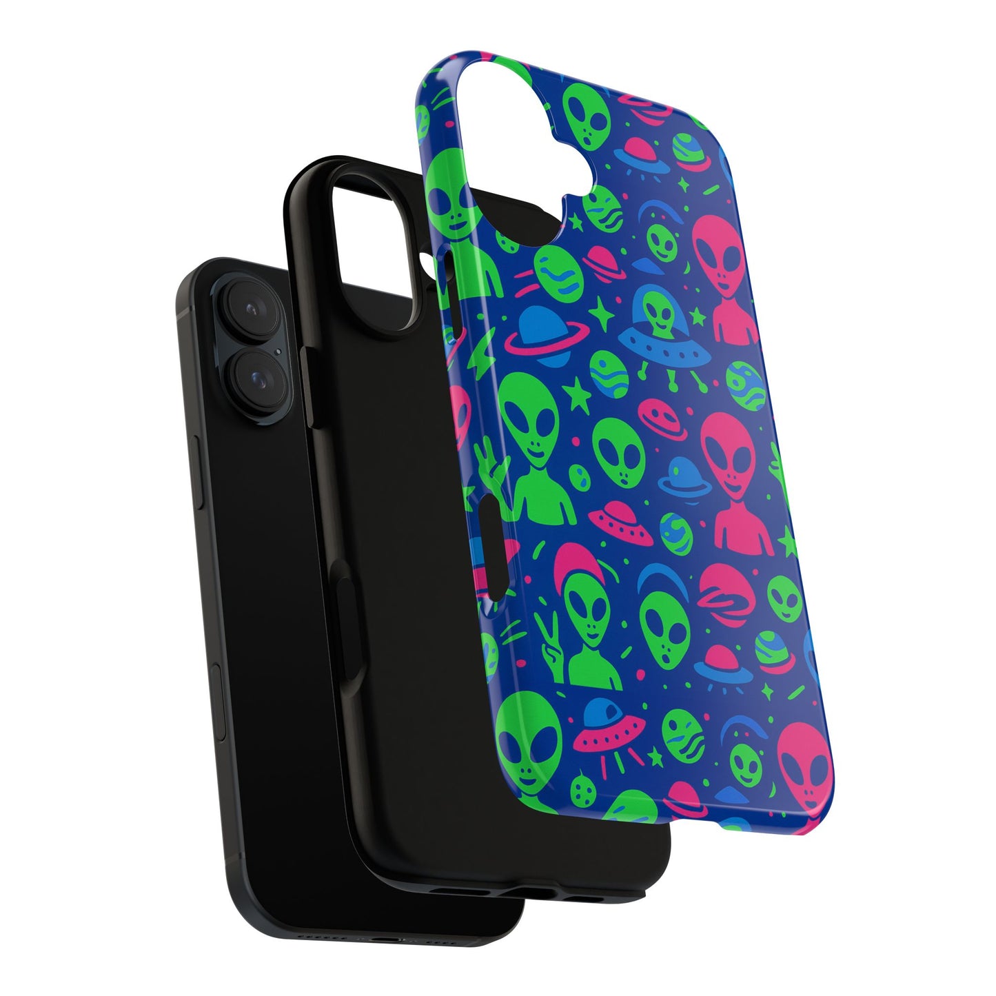 vibrant multicolour alien 3d wrap phone case in retro anime style for stylish protection compatible with iphone 13, 14, 15 & 16 – all models including pro, pro max & plus