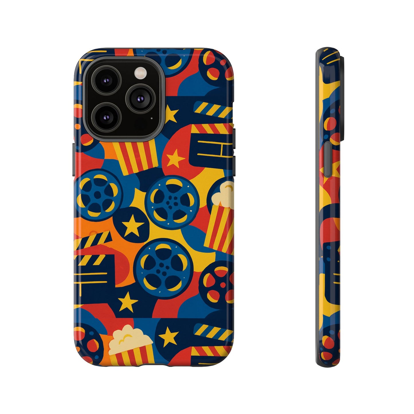 vibrant movie-themed protective phone case with colourful film reel and popcorn design for stylish protection compatible with iphone 13, 14, 15 & 16 – all models including pro, pro max & plus