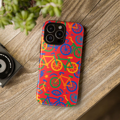 Vibrant 3D Bicycle Pattern Protective Phone Case in Colourful Retro Design for Stylish Protection Compatible with iPhone 13, 14, 15 & 16 – all models including Pro, Pro Max & Plus
