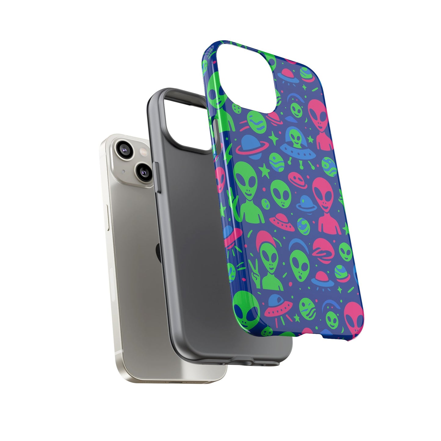 vibrant multicolour alien 3d wrap phone case in retro anime style for stylish protection compatible with iphone 13, 14, 15 & 16 – all models including pro, pro max & plus