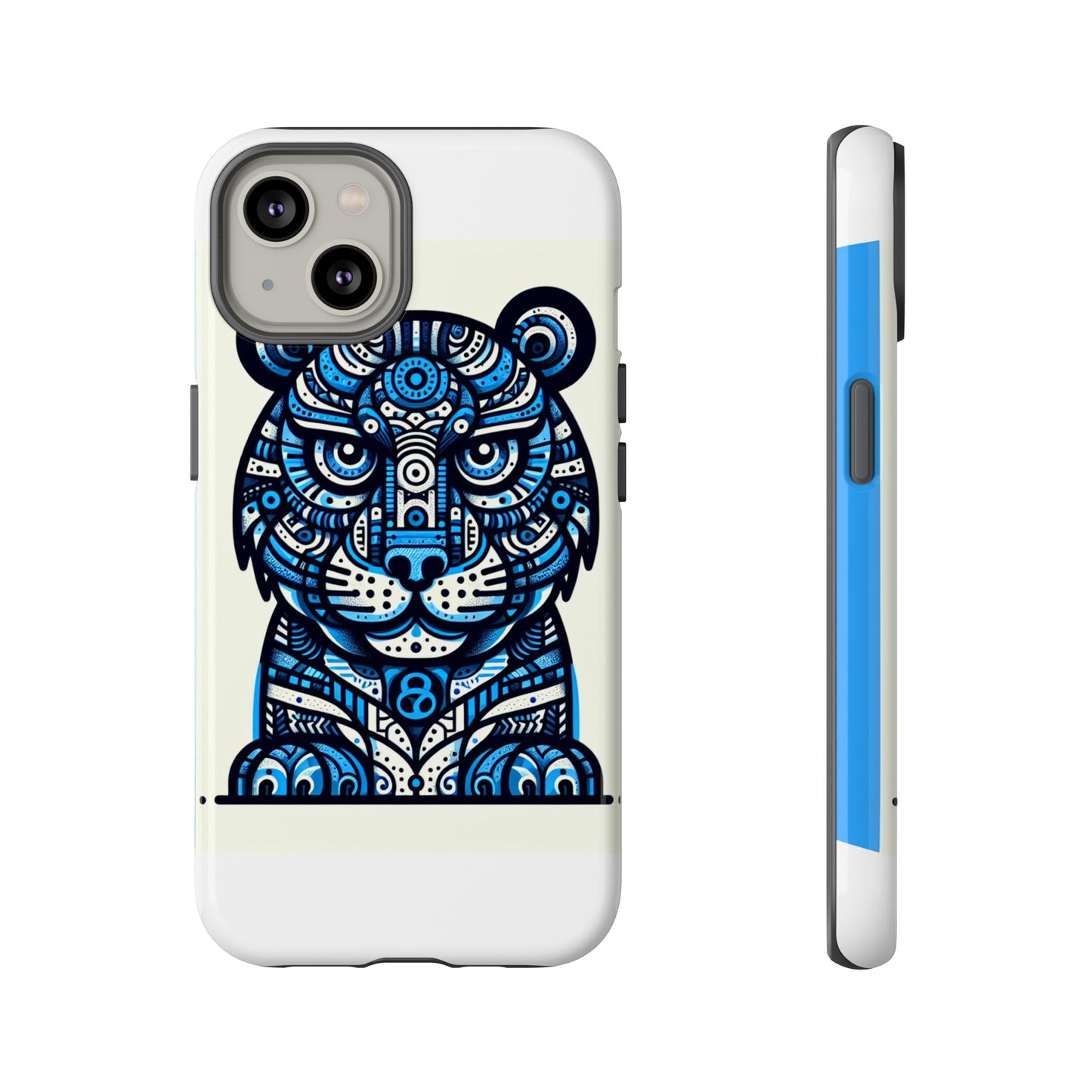 vibrant blue geometric tiger design phone case – stylish protection accessory for self-expression compatible with iphone 13, 14, 15 & 16 – all models including pro, pro max & plus
