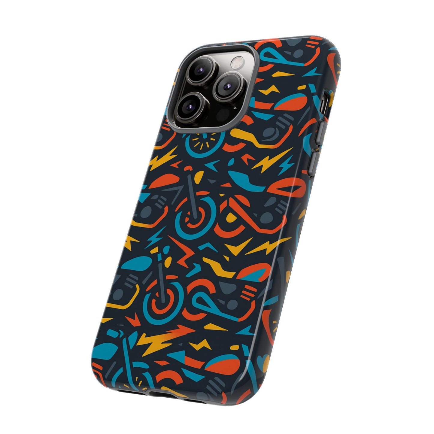 multicolour 3d wrap phone case with fun motorcycle design, stylish protective accessory for men and women, compatible with iphone 13, 14, 15 & 16 – all models including pro, pro max & plus