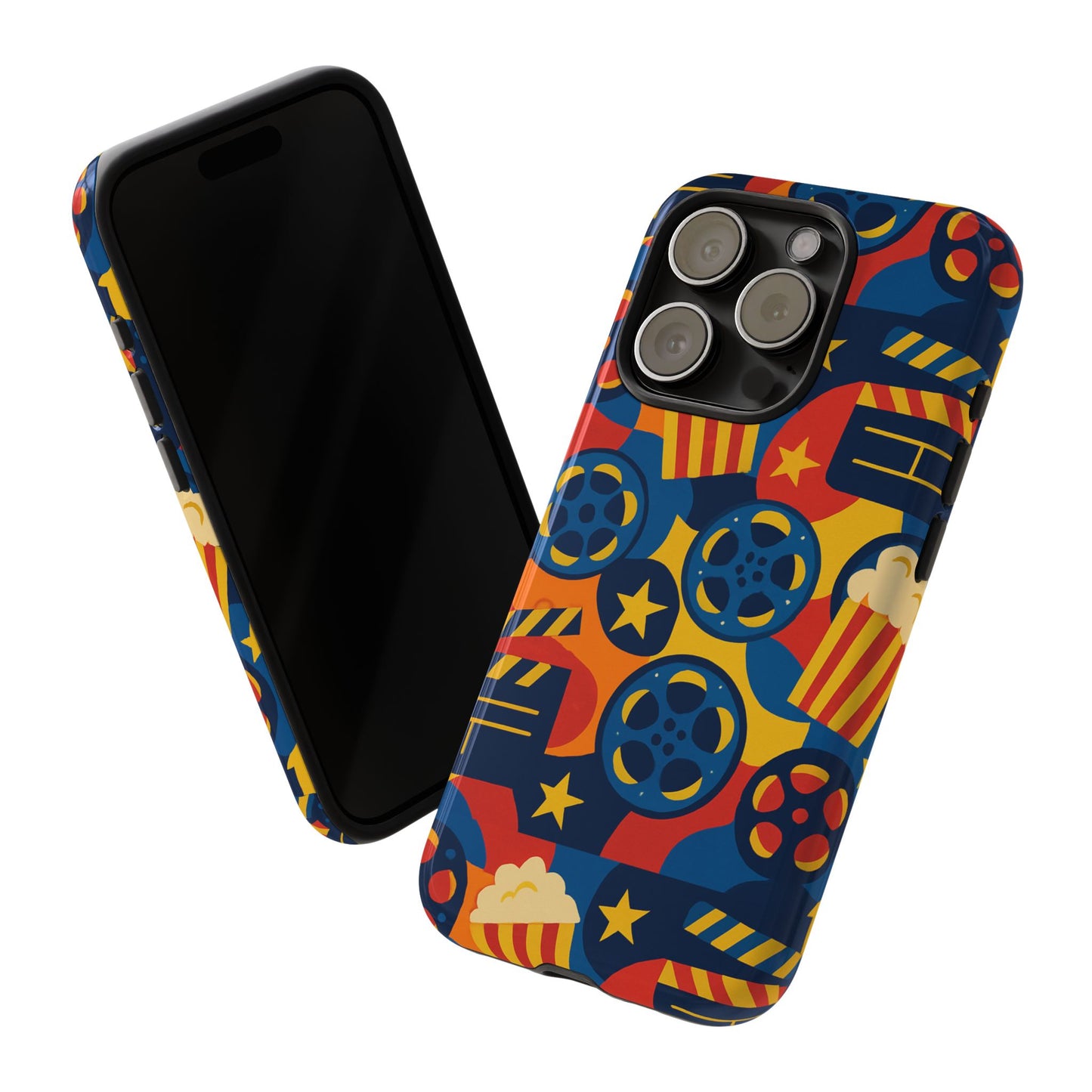 vibrant movie-themed protective phone case with colourful film reel and popcorn design for stylish protection compatible with iphone 13, 14, 15 & 16 – all models including pro, pro max & plus