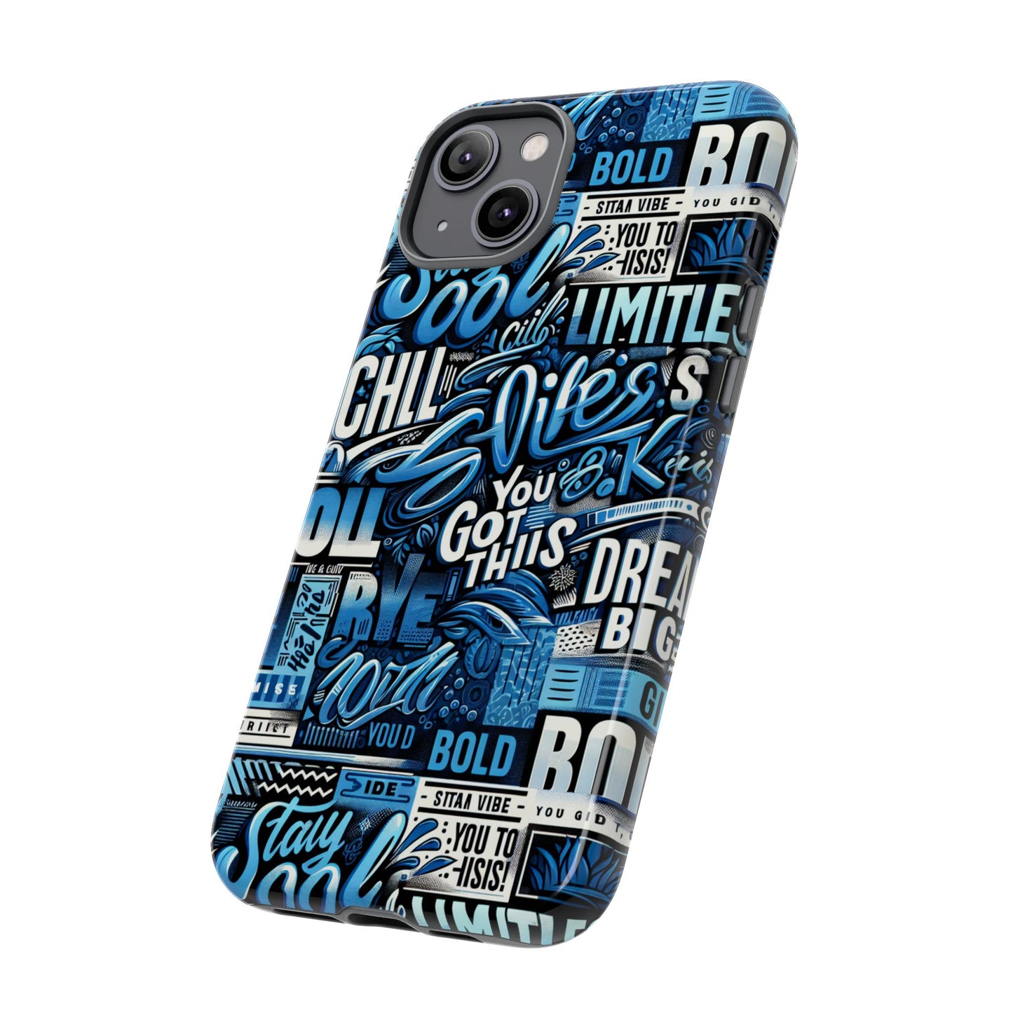 vibrant protective phone case with playful typography design in blue – stylish self-expression accessory compatible with iphone 13, 14, 15 & 16 – all models including pro, pro max & plus