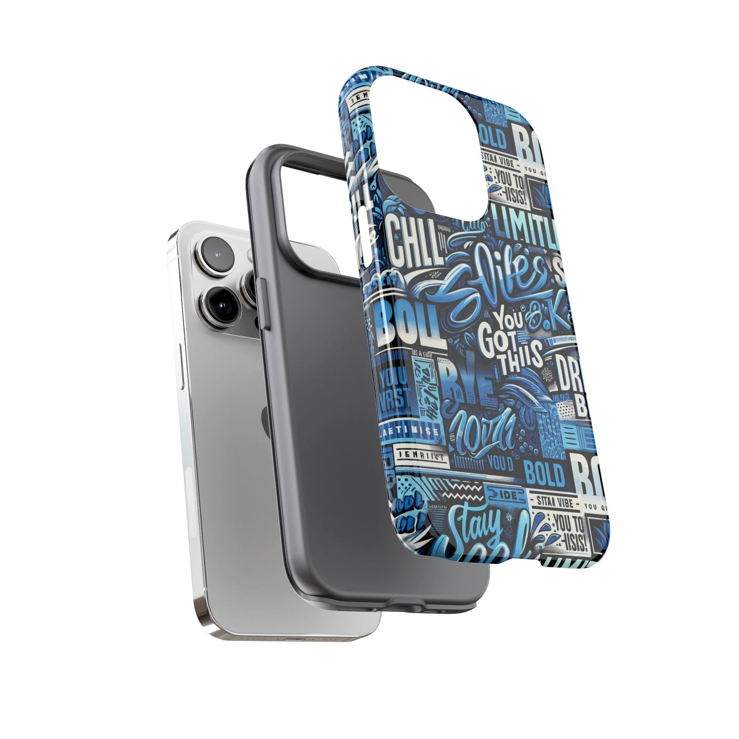 vibrant protective phone case with playful typography design in blue – stylish self-expression accessory compatible with iphone 13, 14, 15 & 16 – all models including pro, pro max & plus