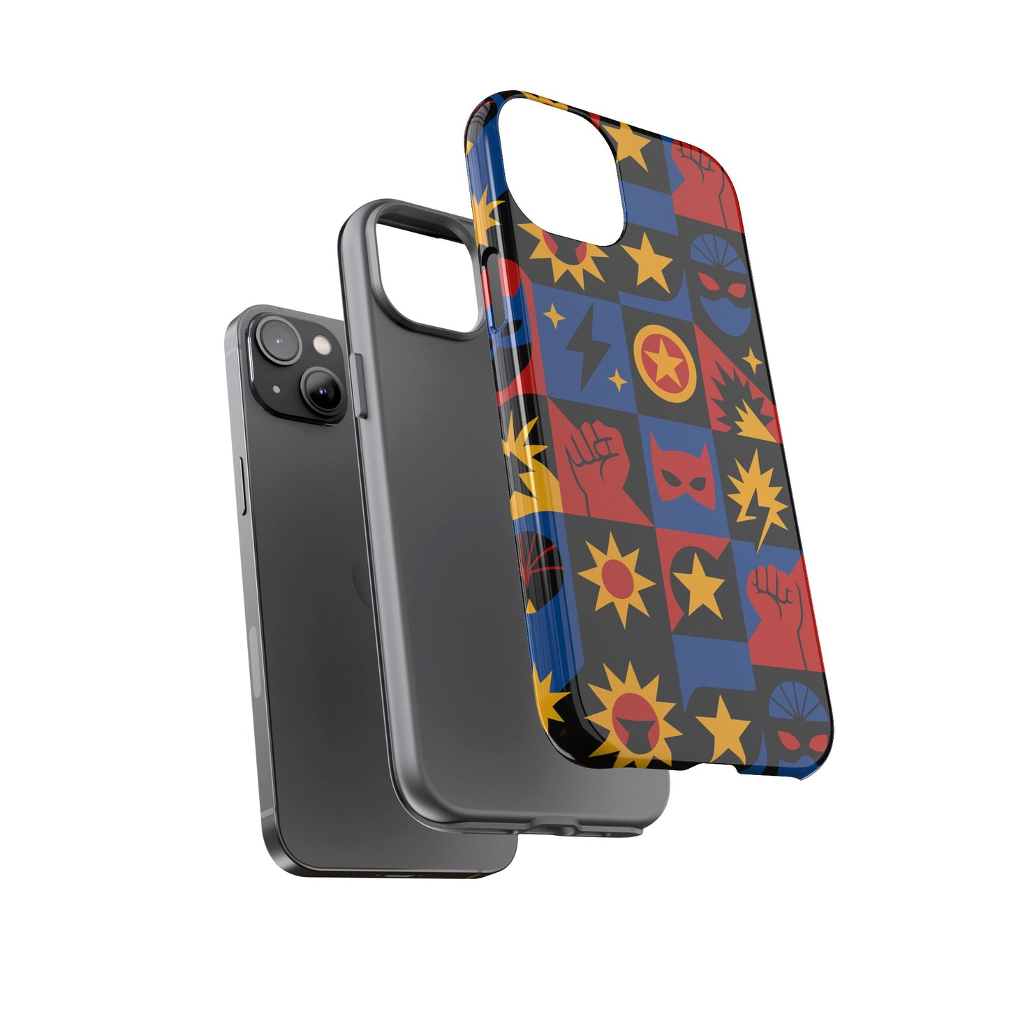 vibrant superhero phone case with retro 3d design for stylish protection compatible with iphone 13, 14, 15 & 16 – all models including pro, pro max & plus