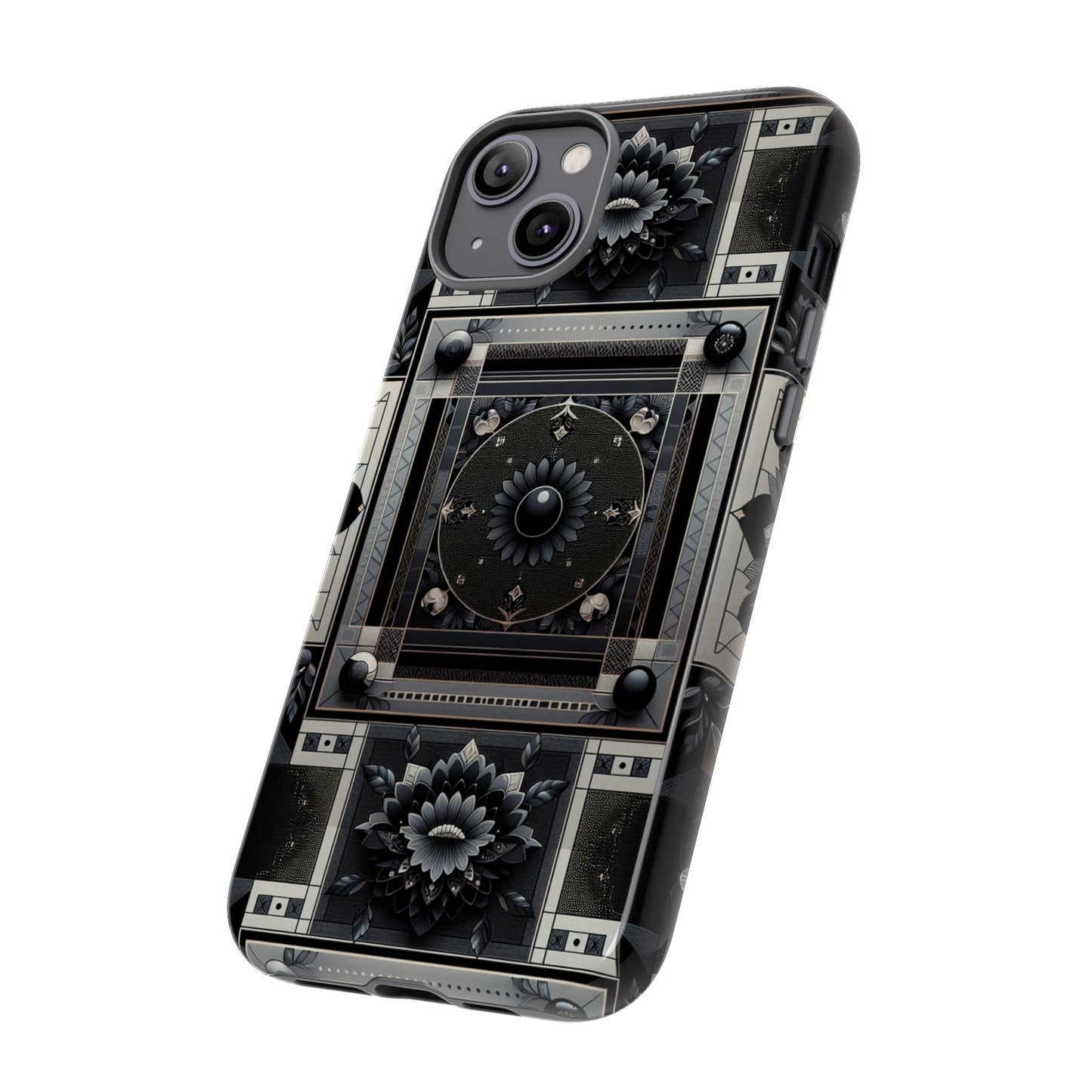 pattern image 4 vibrant shockproof phone case for anime and comic fans, geometric black and silver design, durable protective cover compatible with iphone 13, 14, 15 & 16 – all models including pro, pro max & plus