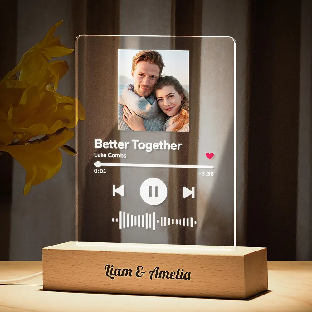 personalized scannable song plaque photo night light with engraved wooden base, acrylic led lamp gift for anniversaries, birthdays and valentine's day