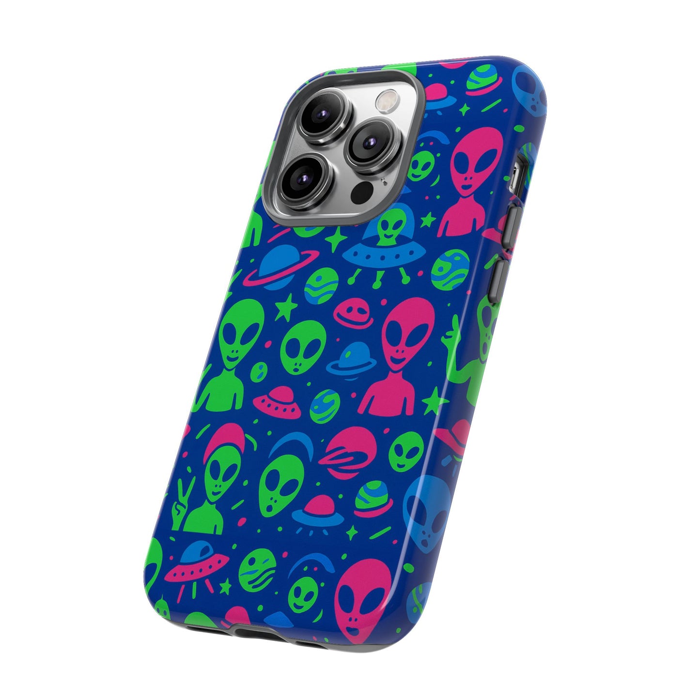 vibrant multicolour alien 3d wrap phone case in retro anime style for stylish protection compatible with iphone 13, 14, 15 & 16 – all models including pro, pro max & plus