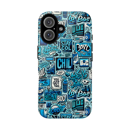 Vibrant Retro Graffiti Phone Case in Blue for Men and Women Stylish Protection Accessory Compatible with iPhone 13, 14, 15 & 16 – all models including Pro, Pro Max & Plus