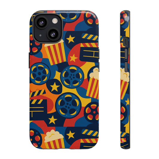 Vibrant Movie-Themed Protective Phone Case with Colourful Film Reel and Popcorn Design for Stylish Protection Compatible with iPhone 13, 14, 15 & 16 – All Models Including Pro, Pro Max & Plus