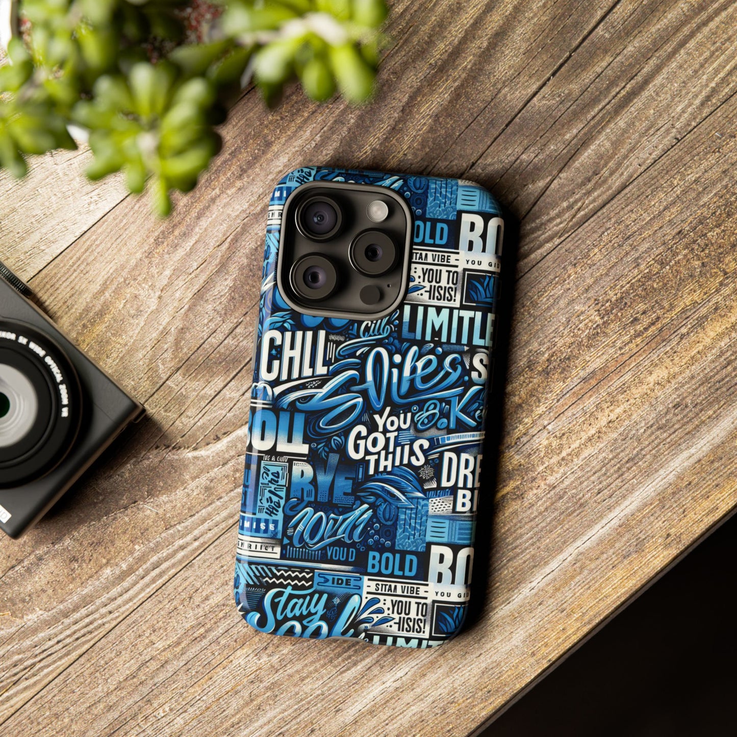 vibrant protective phone case with playful typography design in blue – stylish self-expression accessory compatible with iphone 13, 14, 15 & 16 – all models including pro, pro max & plus