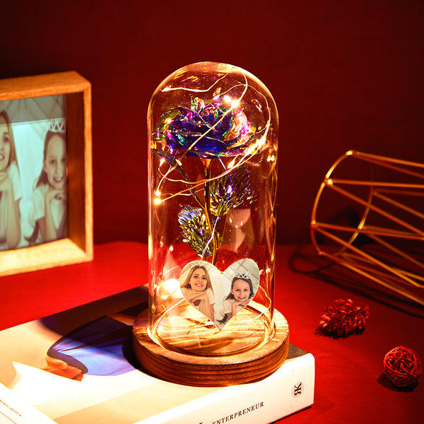 custom heart-shaped photo colourful simulation eternal rose flower led night light in glass dome - romantic gift for home decor, valentine's day, mother's day